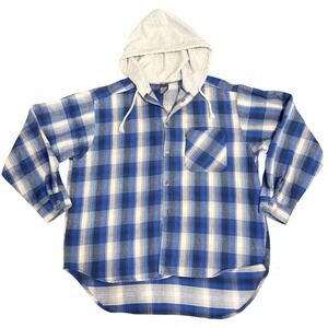 Blue Wave Hooded Flannel Shirt‎ Plaid Button Up Blue Tan Large Cotton USA Mens